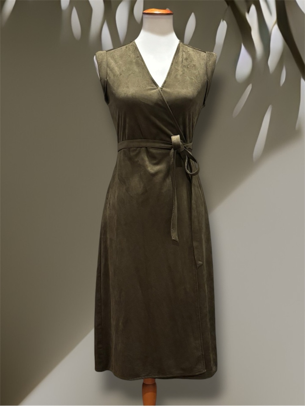 Banana Republic Faux Suede Sleeveless Wrap Sheath Midi Dress Olive Green 2P NWT